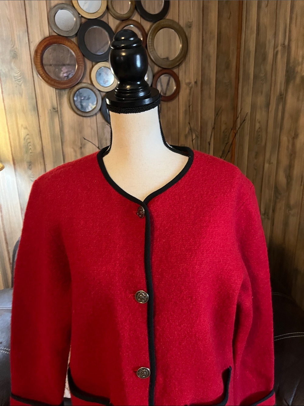 Vintage Talley-Ho Red Ornamental Botton Up Women Wool Sweater Cardigan Red/Black - Picture 3 of 9